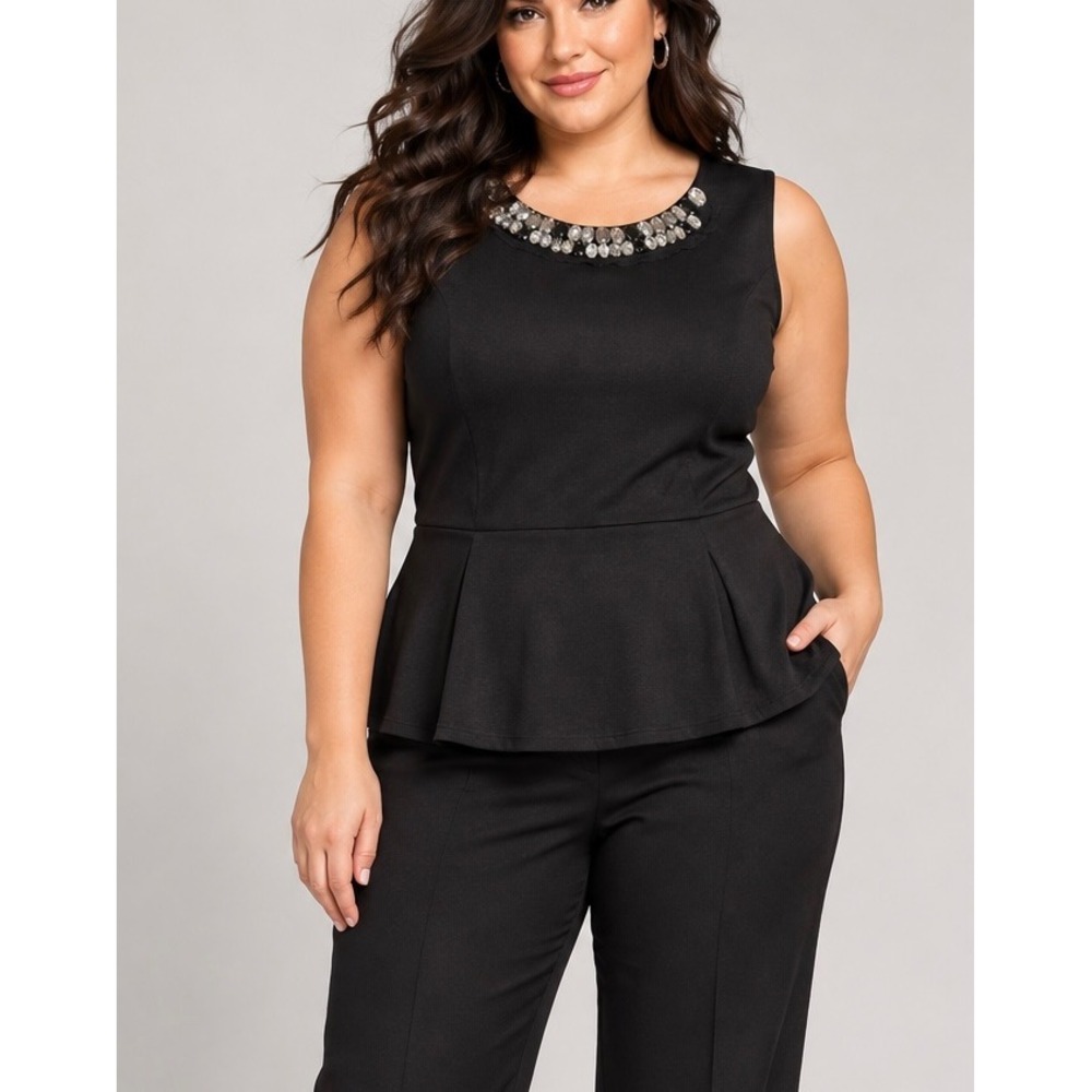Worthington Black Embellished Jewel Neck Peplum Top Sleeveless Blouse 1X NWT